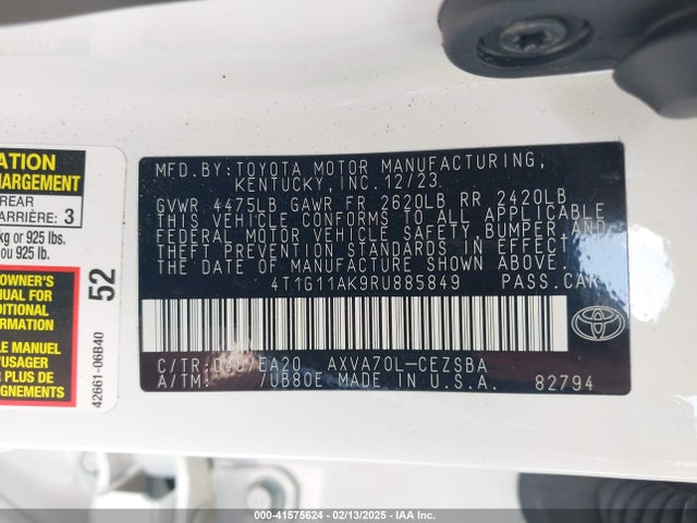 4T1G11AK9RU885849 Toyota CAMRY SE