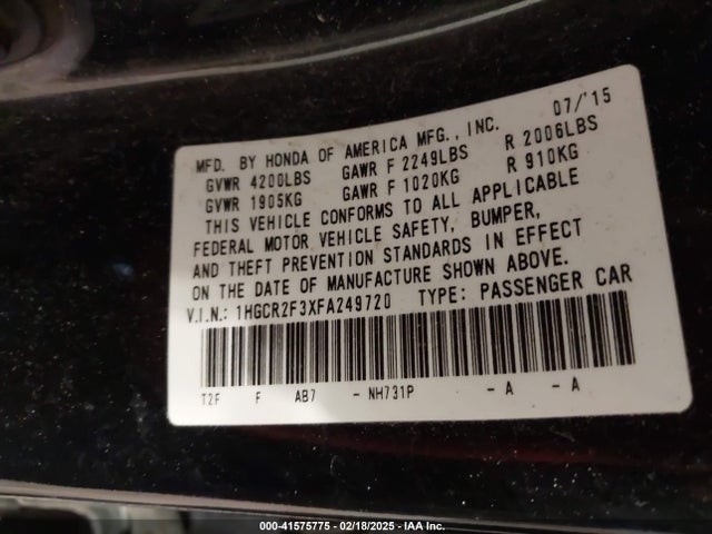 Aukcja sprzedaży 2015 Honda Accord Lx, vin: 1HGCR2F3XFA249720, numer aukcji: 41575775