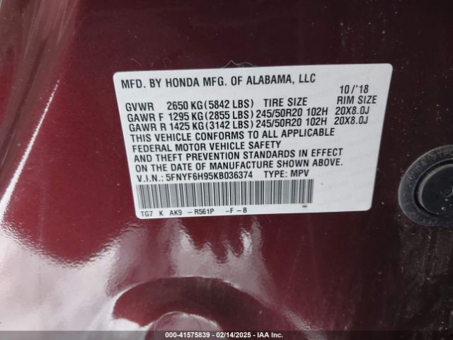 5FNYF6H95KB036374 Honda Pilot Touring