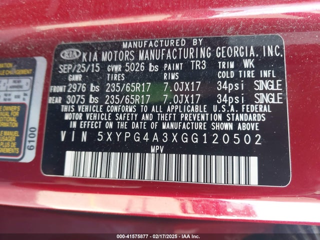 5XYPG4A3XGG120502 KIA Sorento 2.4l Lx