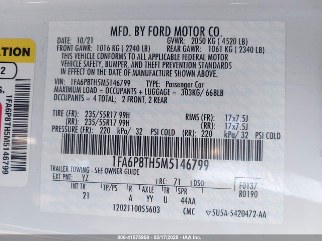 1FA6P8TH5M5146799 Ford Mustang Ecoboost Fastback