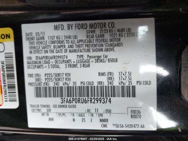3FA6P0RU6FR299374 Ford Fusion Hybrid Titanium