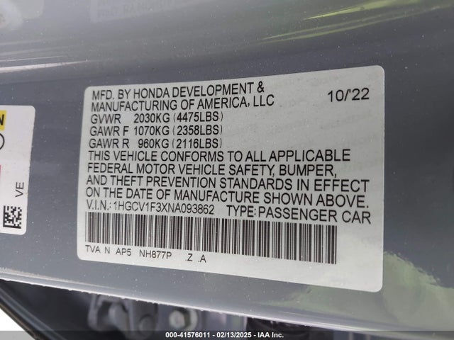 1HGCV1F3XNA093862 Honda Accord Sport