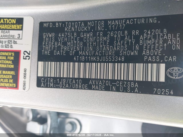 4T1B11HK9JU553348 Toyota CAMRY SE