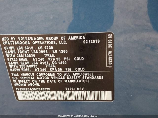 1V2NR2CAXKC546025 Volkswagen Atlas 3.6l V6 Sel Premium