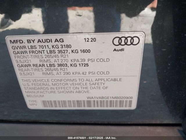 WA1VABGE1MB020908 Audi E-tron Prestige Quattro