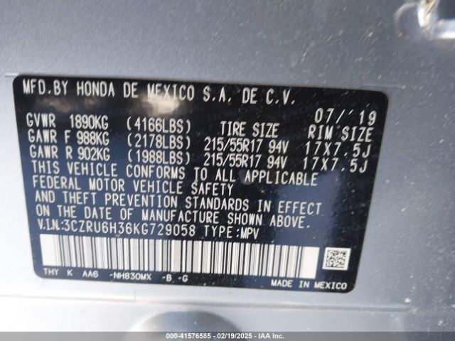 3CZRU6H36KG729058 Honda HR-V LX