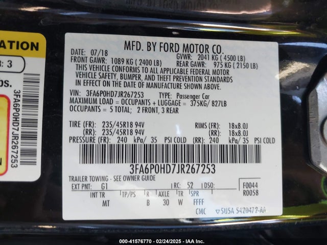 Aukcja sprzedaży 2018 Ford Fusion Se, vin: 3FA6P0HD7JR267253, numer aukcji: 41576770