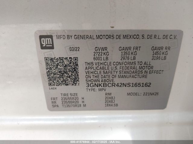 3GNKBCR42NS165162 Chevrolet Blazer Fwd 2lt