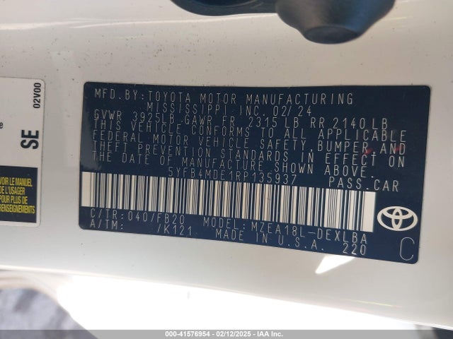 Продаж на аукціоні авто 2024 Toyota Corolla Le, vin: 5YFB4MDE1RP135937, номер лоту: 41576954