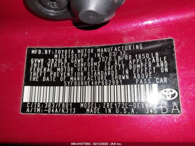 5YFBURHE4HP662991 Toyota COROLLA LE