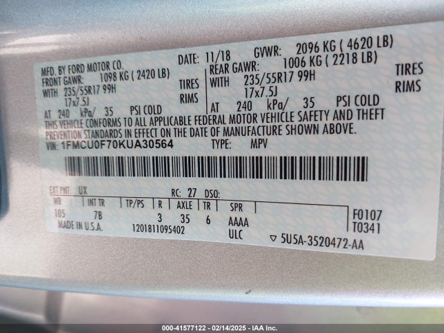 Ford ESCAPE S 2019 1FMCU0F70KUA30564 Image 9