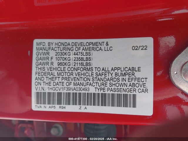 1HGCV1F39NA030493 Honda Accord Sport