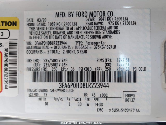 Ford FUSION SE 2020 3FA6P0HD8LR223944 Image 9