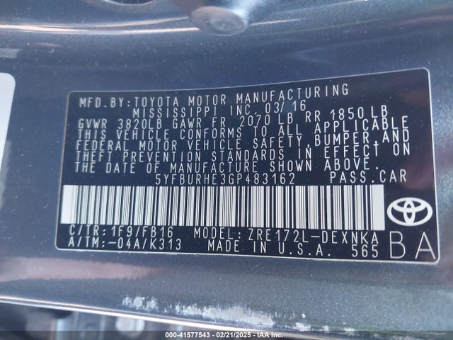 Toyota COROLLA LE 2016 5YFBURHE3GP483162 Image 9