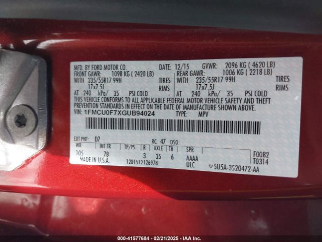 1FMCU0F7XGUB94024 Ford ESCAPE S
