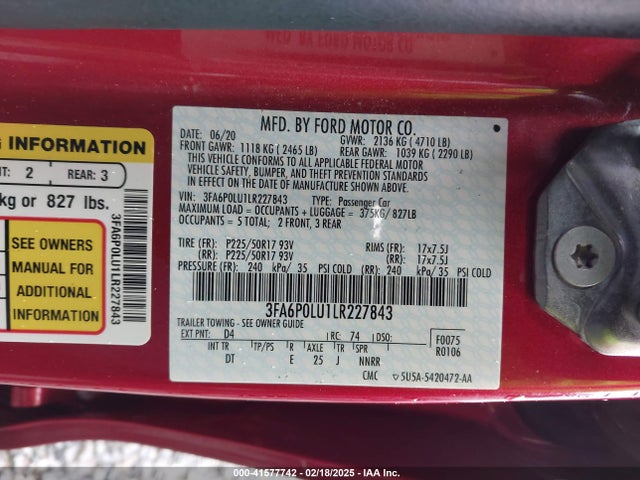 Ford Fusion Hybrid Se 2020 3FA6P0LU1LR227843 Image 9