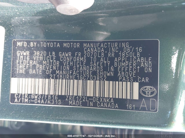 2T1BURHE1GC703852 Toyota COROLLA LE