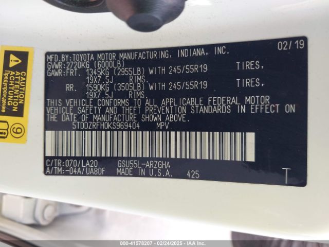 5TDDZRFH0KS969404 Toyota Highlander Limited Platinum