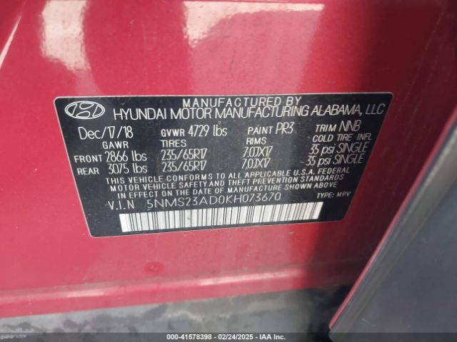 5NMS23AD0KH073670 Hyundai Santa Fe Se