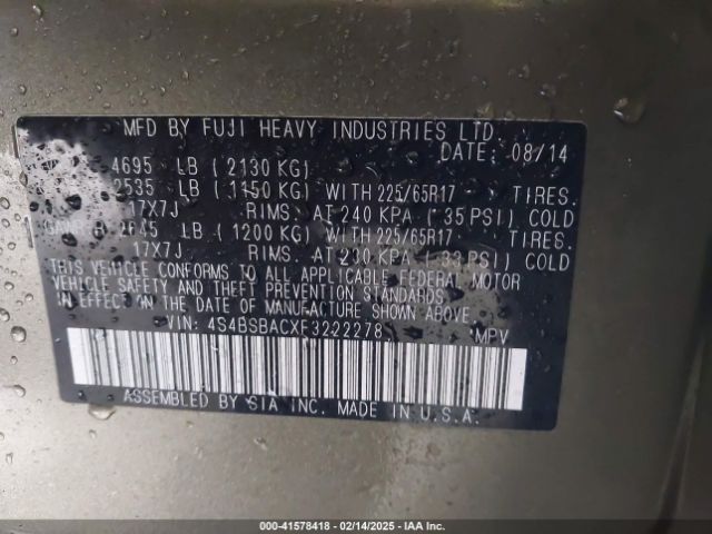 4S4BSBACXF3222278 Subaru Outback 2.5i
