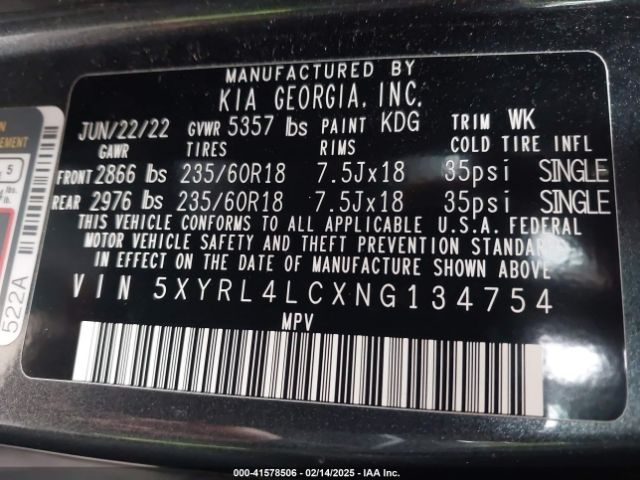 5XYRL4LCXNG134754 KIA SORENTO S