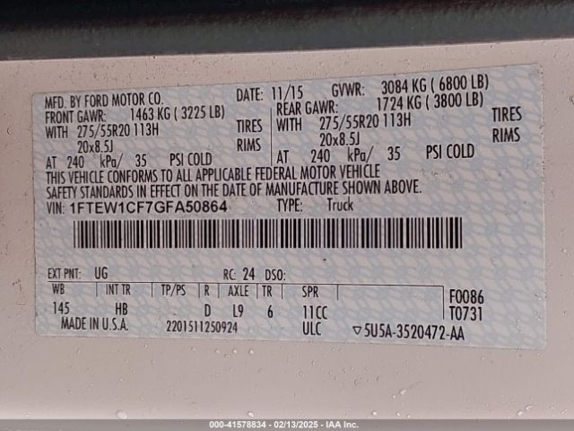 1FTEW1CF7GFA50864 Ford F-150 Lariat