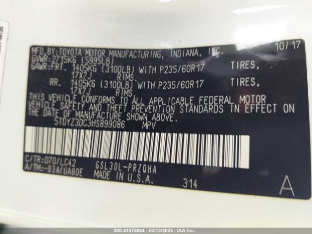 5TDYZ3DC3HS899086 Toyota Sienna Xle/limited