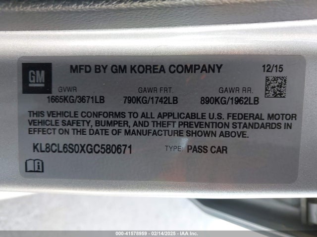 KL8CL6S0XGC580671 Chevrolet Spark Ev 2lt