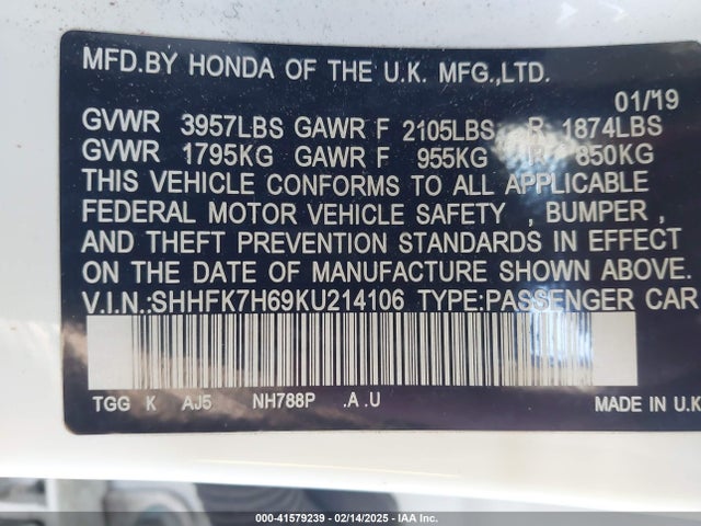 SHHFK7H69KU214106 Honda CIVIC EX