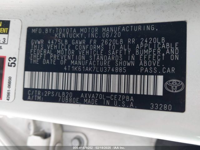 4T1K61AK7LU374885 Toyota CAMRY XSE