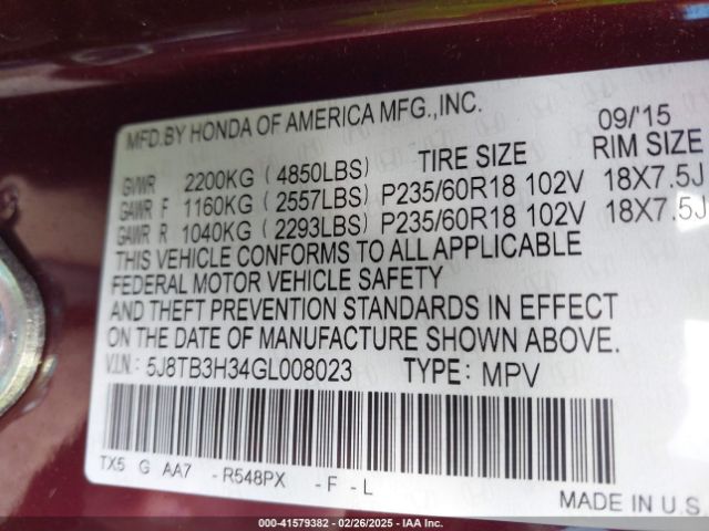 5J8TB3H34GL008023 Acura Rdx Acurawatch Plus Pkg