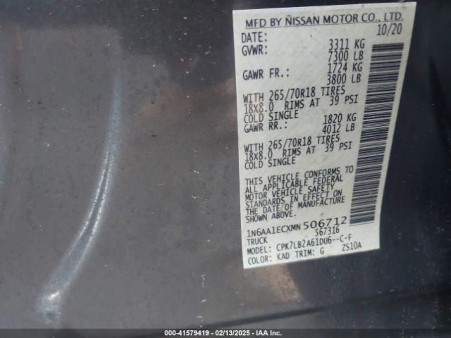 1N6AA1ECXMN506712 Nissan Titan Sv 4x4