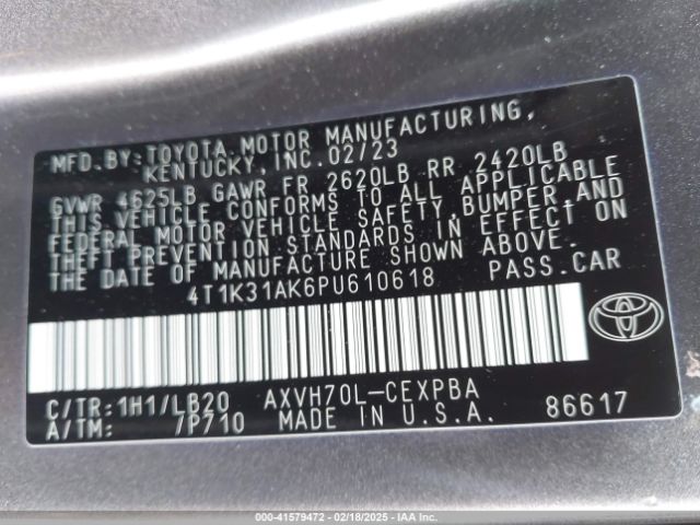 4T1K31AK6PU610618 Toyota Camry Xse Hybrid
