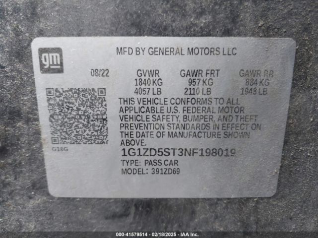 1G1ZD5ST3NF198019 Chevrolet Malibu Fwd Lt