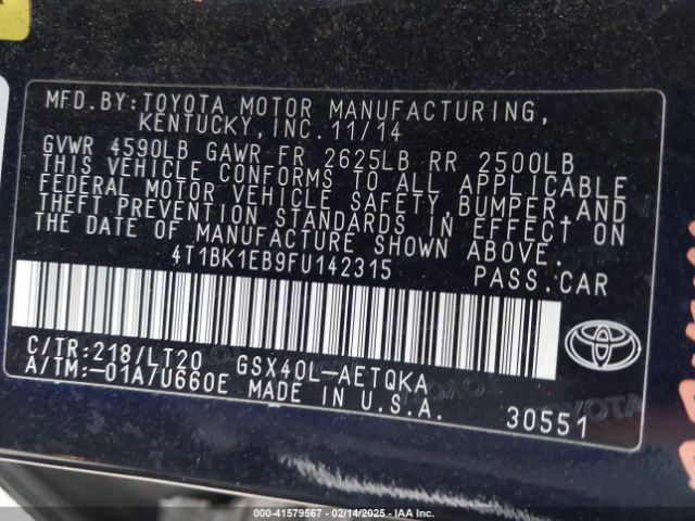 4T1BK1EB9FU142315 Toyota Avalon Xle Touring