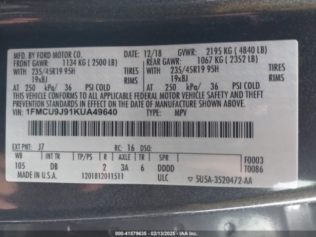 2019 FORD ESCAPE 1FMCU9J91KUA49640 Photo 8