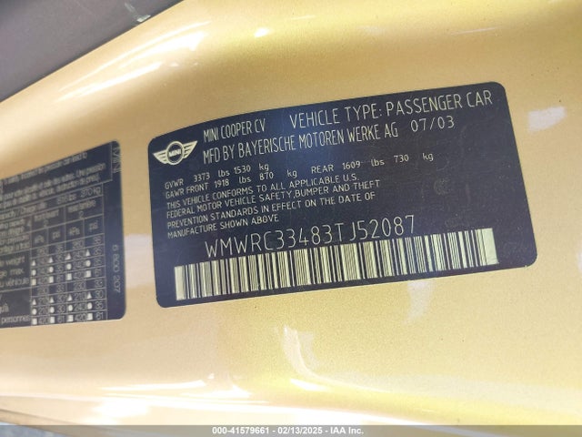 2003 MINI COOPER WMWRC33483TJ52087 Photo 8