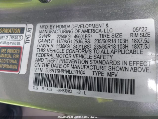 5J6RT6H81NL030104 Honda Cr-v Hybrid Ex-l