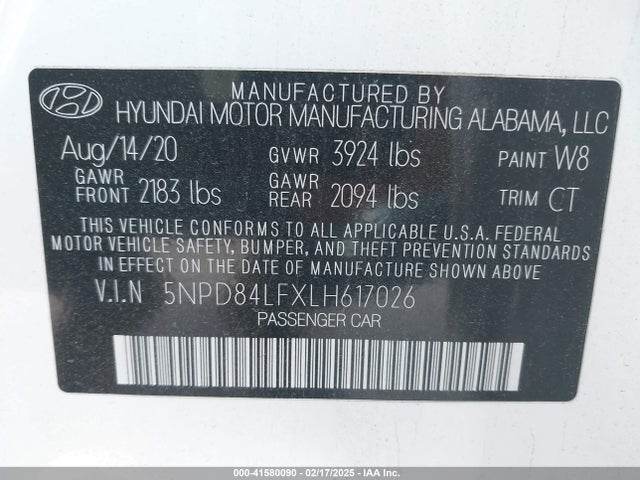 5NPD84LFXLH617026 Hyundai Elantra Limited