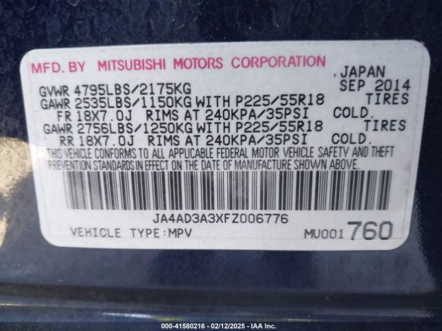 2015 MITSUBISHI OUTLANDER JA4AD3A3XFZ006776 Photo 8