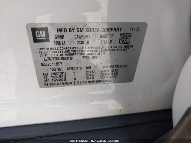 KL7CJKSB4LB073429 Chevrolet Trax Fwd Ls
