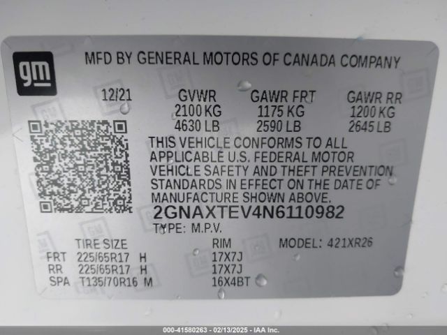 2GNAXTEV4N6110982 Chevrolet Equinox Awd 2fl