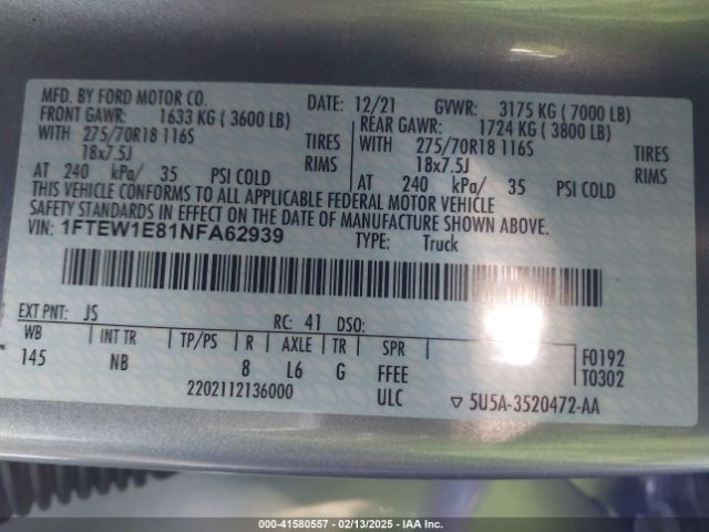 1FTEW1E81NFA62939 Ford F-150 Tremor