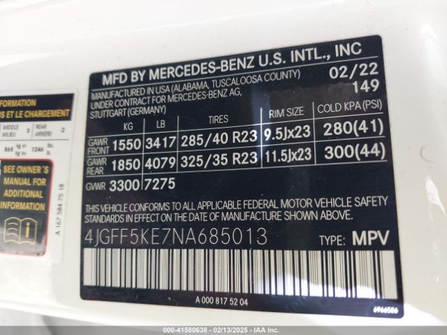 4JGFF5KE7NA685013 Mercedes-Benz Gls 450 4matic