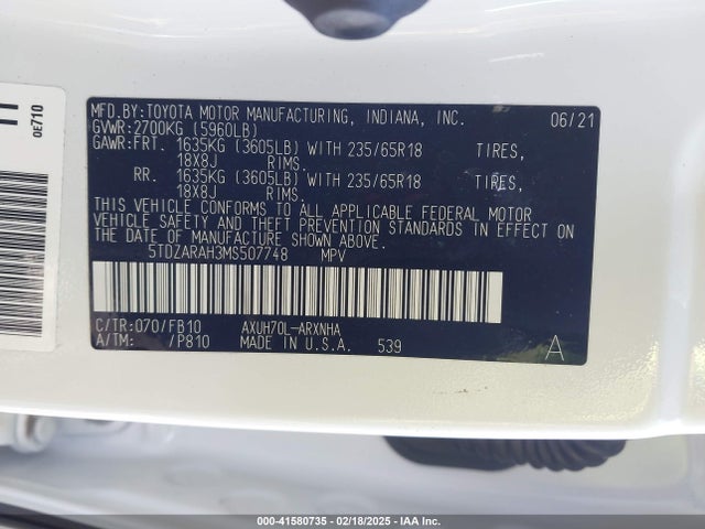 Toyota Highlander Hybrid Le 2021 5TDZARAH3MS507748 Image 9