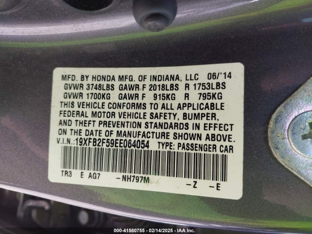 Honda Civic Lx 2014 19XFB2F59EE064054 Image 9