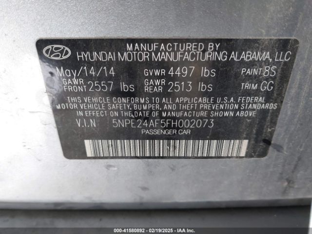 5NPE24AF5FH002073 Hyundai SONATA SE