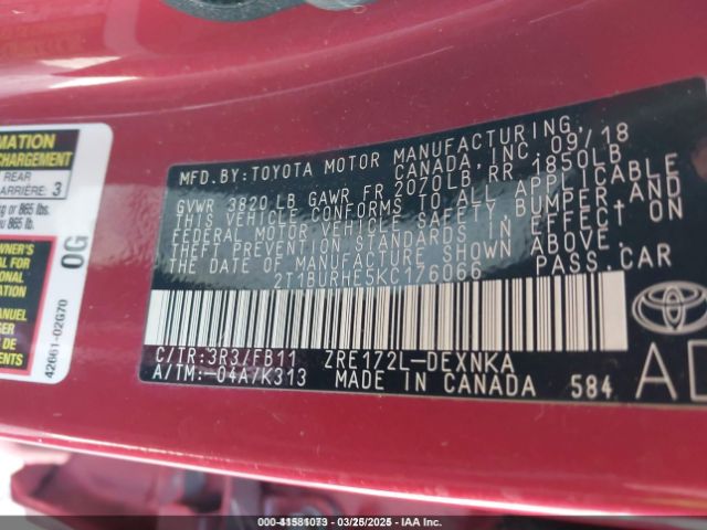 2T1BURHE5KC176066 Toyota COROLLA LE