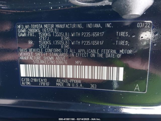 5TDJRKEC7NS108676 Toyota SIENNA XLE